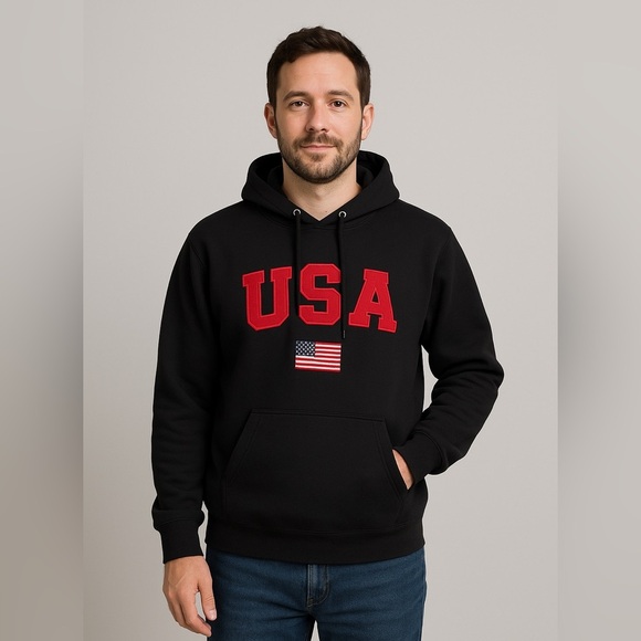 Vintage 90s Americana Made in USA Fruit of the Loom USA Flag Black Hoodie - Picture 1 of 9